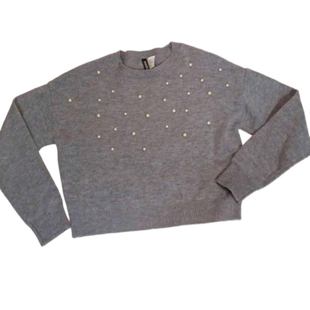H&M Divided Pearl Beaded‎ Pullover Sweater Light Gray Size S